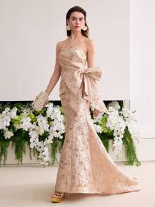 MOTF Soiréza VÁY ỐNG COCKTAIL VAI NÀNG TIÊN CÁ JACQUARD - Màu Hồng baby - Xem 1