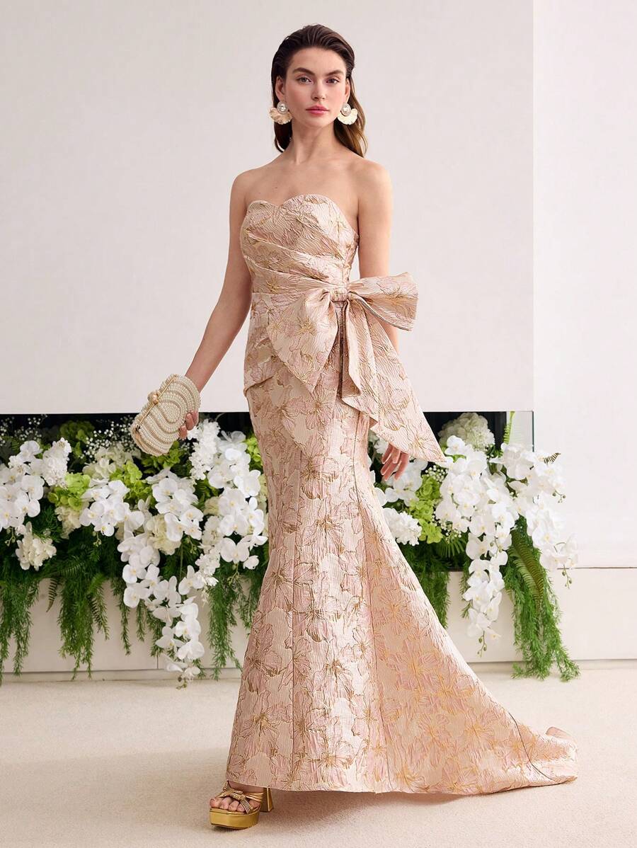 MOTF Soiréza VÁY ỐNG COCKTAIL VAI NÀNG TIÊN CÁ JACQUARD - Màu Hồng baby - Xem 1