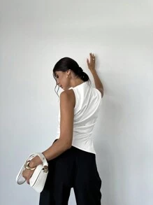 Firerie Áo sơ mi nữ đơn giản thanh lịch, cổ bẻ, viền cong, màu be, không tay, đi làm văn phòng - trắng - Xem 4