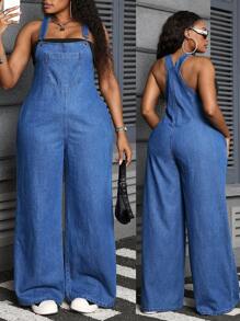 Slaydiva Plus Size Blue Denim Jumpsuit, Sexy Slim-Fit Bib Overall