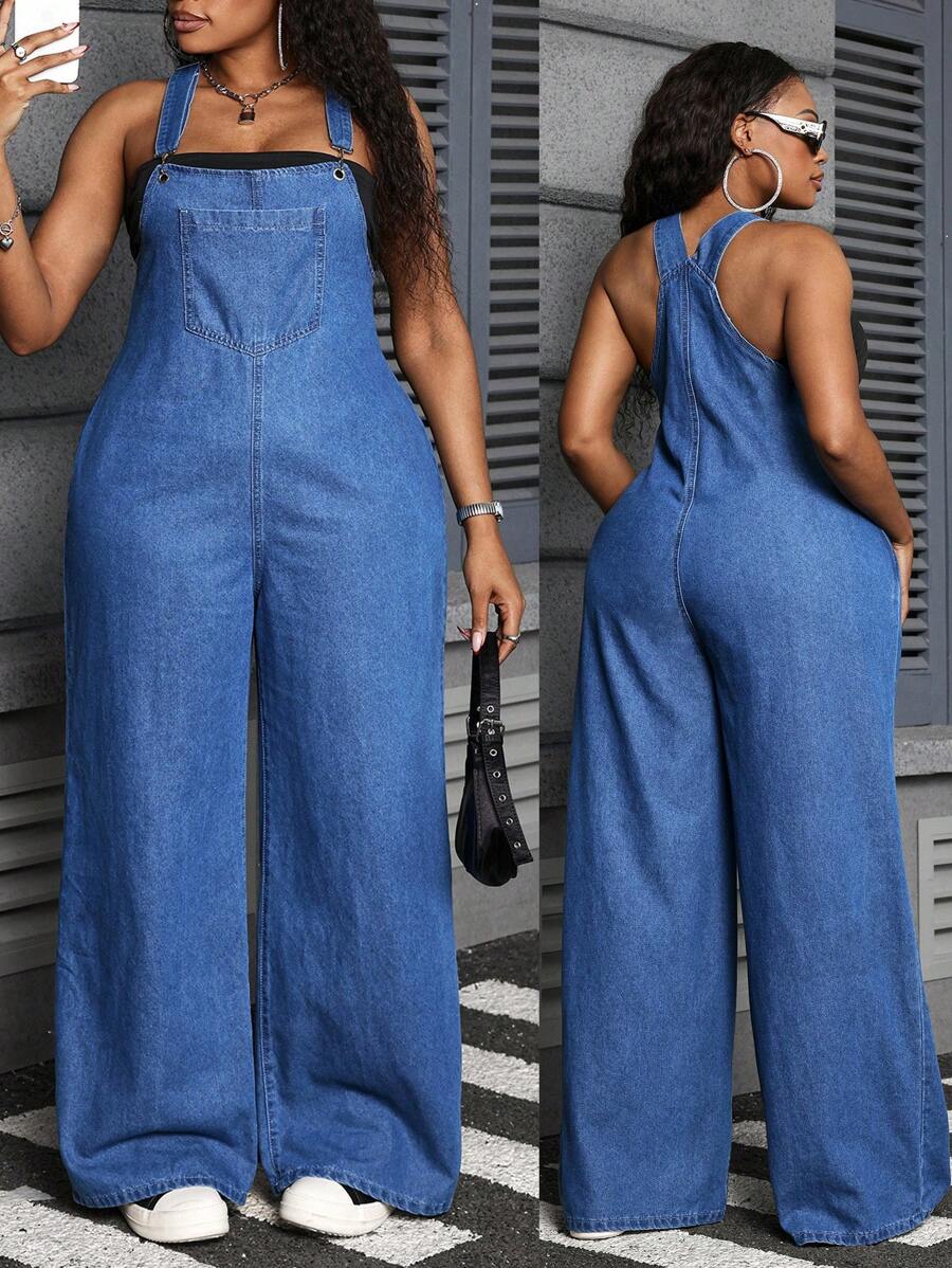 Slaydiva Plus Size Blue Denim Jumpsuit, Sexy Slim-Fit Bib Overall