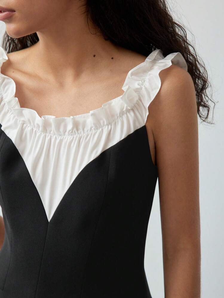 MOTF STUDIO COLORBLOCK RUFFLE TRIM OFF SHOULDER DRESS