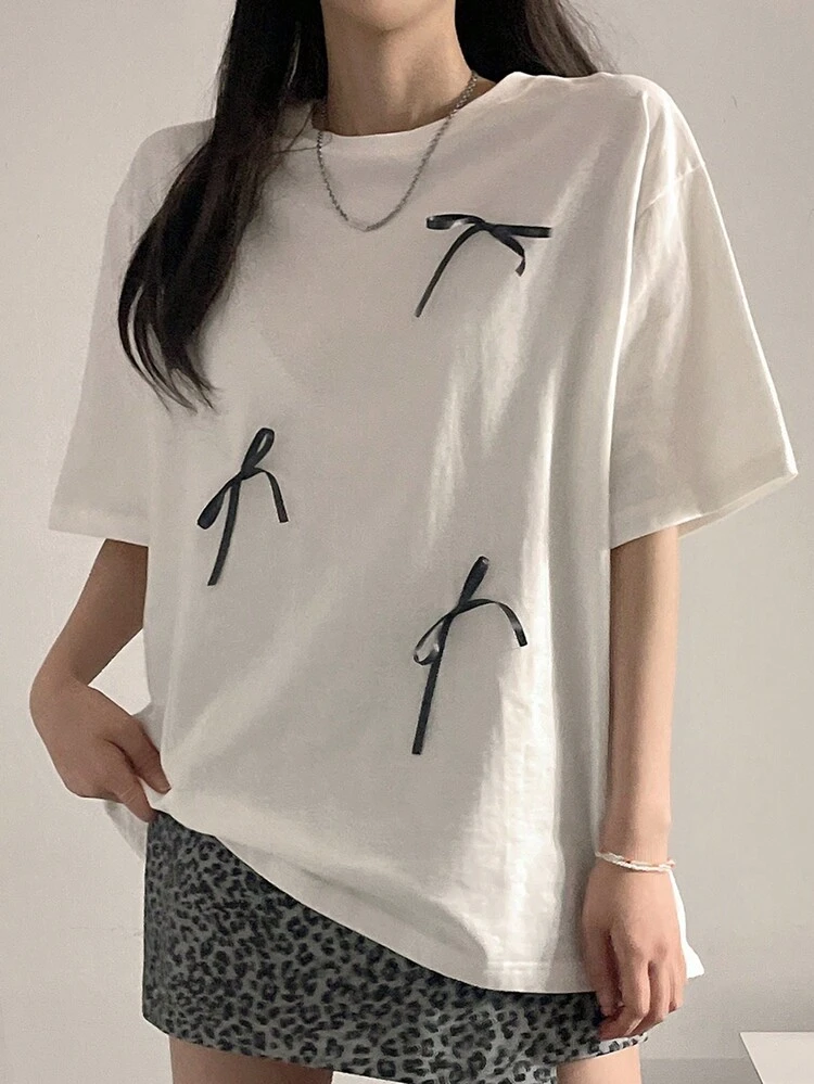 Women Crew Neck Loose Fit Bowknot T-Shirt