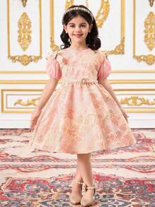 SHEIN Vestido ajustado con cuello redondo y tejido jacquard para niña joven - Rosa - Ver 5