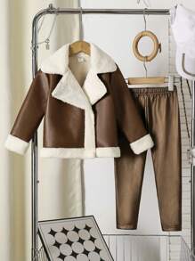 2pcs Young Girl Casual Winter Teddy Coat & Faux Leather Pants Set, Thick Fuzzy Lapel Jacket Paired With Skinny Leather Pants, Suitable For Everyday Wear, Winter