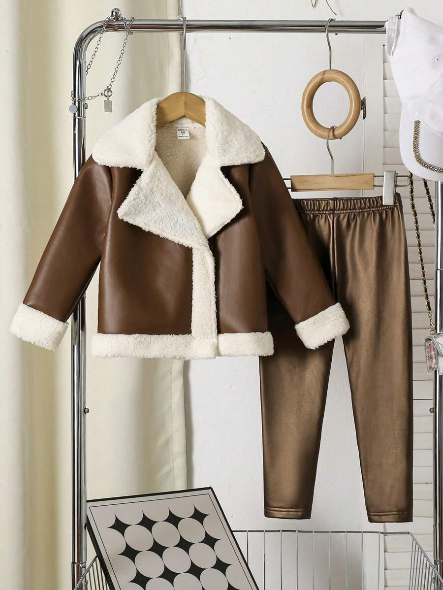 2pcs Young Girl Casual Winter Teddy Coat & Faux Leather Pants Set, Thick Fuzzy Lapel Jacket Paired With Skinny Leather Pants, Suitable For Everyday Wear, Winter