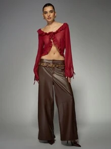 MISSGUIDED Ruffle Trim Sheer Crop Blouse With Front Tie Detail Long Sleeve Holiday Party Evening Top Lightweight Festival Spring Summer Christmas