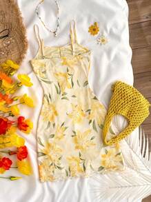 Girlism Tween Girl 黄色花卉印花度假风格优雅吊带迷你连衣裙，夏季服装 - 黃色 - 查看 3