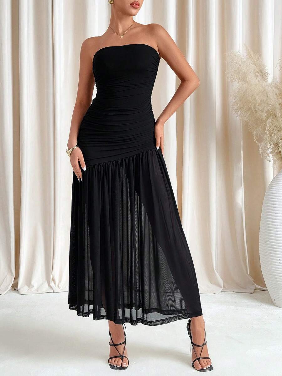 SHEIN Clasi Women's Ruched Cropped Bodice Splicing Dress, Minimalist Casual Daily Wear Spring Women Outfits Date Night Dress - Black - View 1