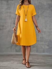 EMERY ROSE 女士纯色短袖连衣裙，简约时尚休闲日常穿着 - 黃色 - 查看 3