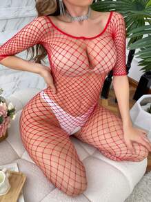 大码女式性感圆领长袖紧身衣渔网连体裤 - 紅色 - 查看 4