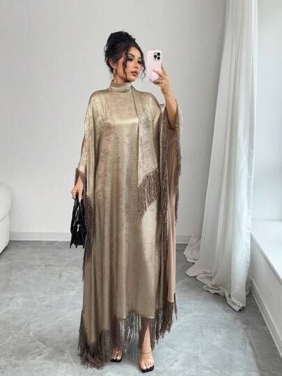 Rafferiza Fashionable & Elegant Loose Stand Collar Fringe Trim Dress
