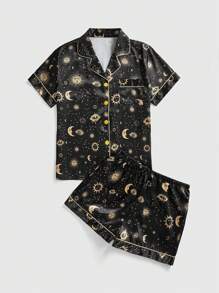 ROMWE Dark Gothic Sun, Moon & Star Print Satin Button-Up Shorts Pajama Set - Black - View 1