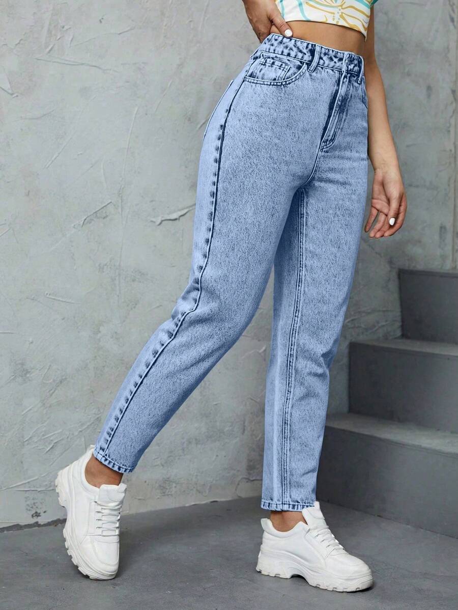 SHEIN ICON Women's Casual Front Button Pocket Simple Design Jeans - Medium Wash - View 1