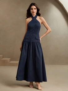 Anewsta Robe longue 2 en 1 avec encolure croisée en V et taille cintrée pour femme, tenue de travail printemps