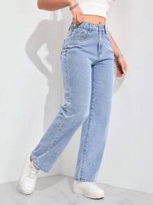 SHEIN PETITE Women's Bow Embroidered Pocket Casual Straight Leg Jeans - Light Wash - View 5