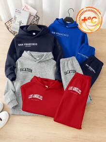 8pcs Tween Boy Casual Korean Style Letter & Graphic Print Hoodie Sweatshirt And Solid Color Sweatpants 2 Pieces Set, 4 Designs, Suitable For School, Garden, Beach, Birthday, Spring, Summer, Autumn, Winter