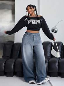 SHEIN EZwear Jeans de pierna ancha con lavado degradado de talla grande, informal - Gris Claro - Ver 4