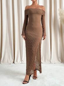 SHEIN Clasi 米色纹理针织露肩优雅修身长开叉连衣裙女式夏季服装女式连衣裙优雅性感女式连衣裙春季连衣裙 - 卡其色 - 查看 6