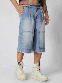 ROMWE MEN Men's Front Button Pocket Raw Hem Casual Simple Denim Shorts - Blue - View 4