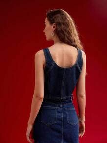 MOTF PREMIUM FLORAL BUTTON FRONT CROP DENIM TOP,SPRING/SUMMER - Navy Blue - View 8