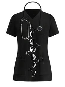 PopScrub Women's Moon Print V-Neck Short Sleeve Scrub Uniform Top - Multicolor - View 7