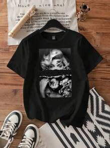 Attitoon Áo thun tay ngắn cổ tròn rộng rãi họa tiết chân dung cổ điển dành cho nữ, chất liệu cotton pha trộn mùa hè - màu đen - Xem 1