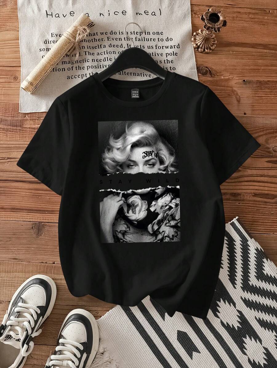 Attitoon Áo thun tay ngắn cổ tròn rộng rãi họa tiết chân dung cổ điển dành cho nữ, chất liệu cotton pha trộn mùa hè - màu đen - Xem 1