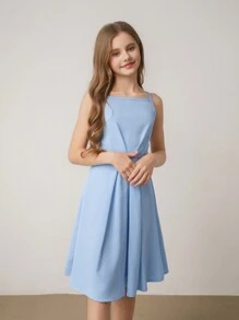 青少年女孩无袖束腰纯色连衣裙，配有同色腰带，优雅简约时尚，夏季 - 藍色 - 查看 6