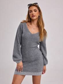 Forever 21 Women Casual Spice Backless Grey Mini Knit Dress Valentine's Day - Grey - View 2