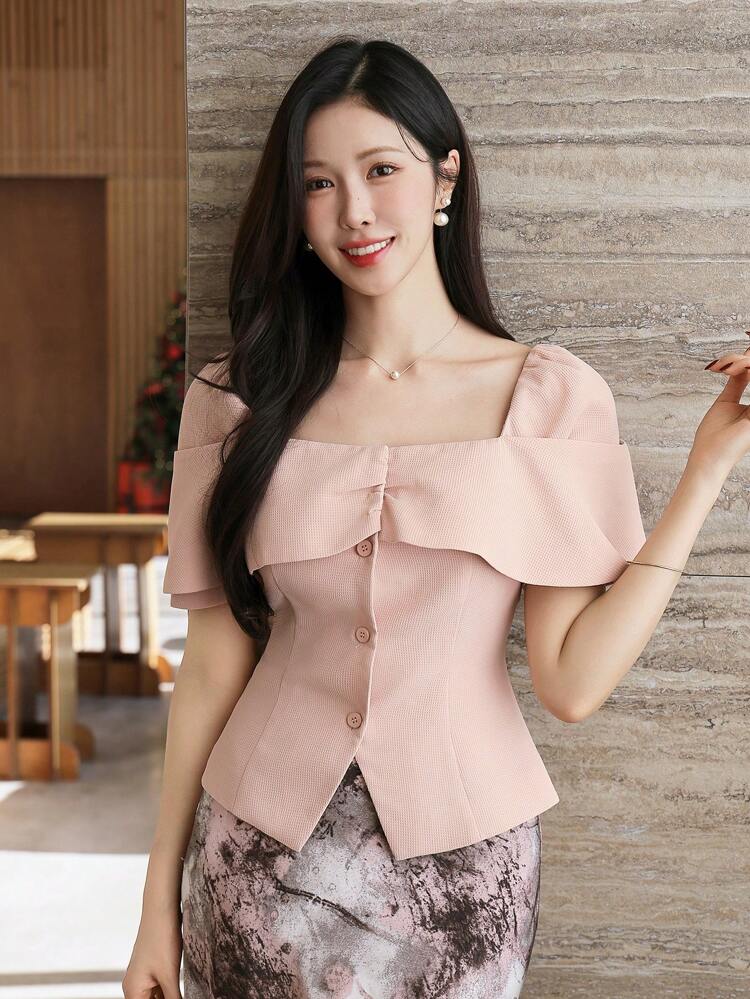 1pc Women Plain Front Button Short Sleeve Casual Top, Everyday Wear