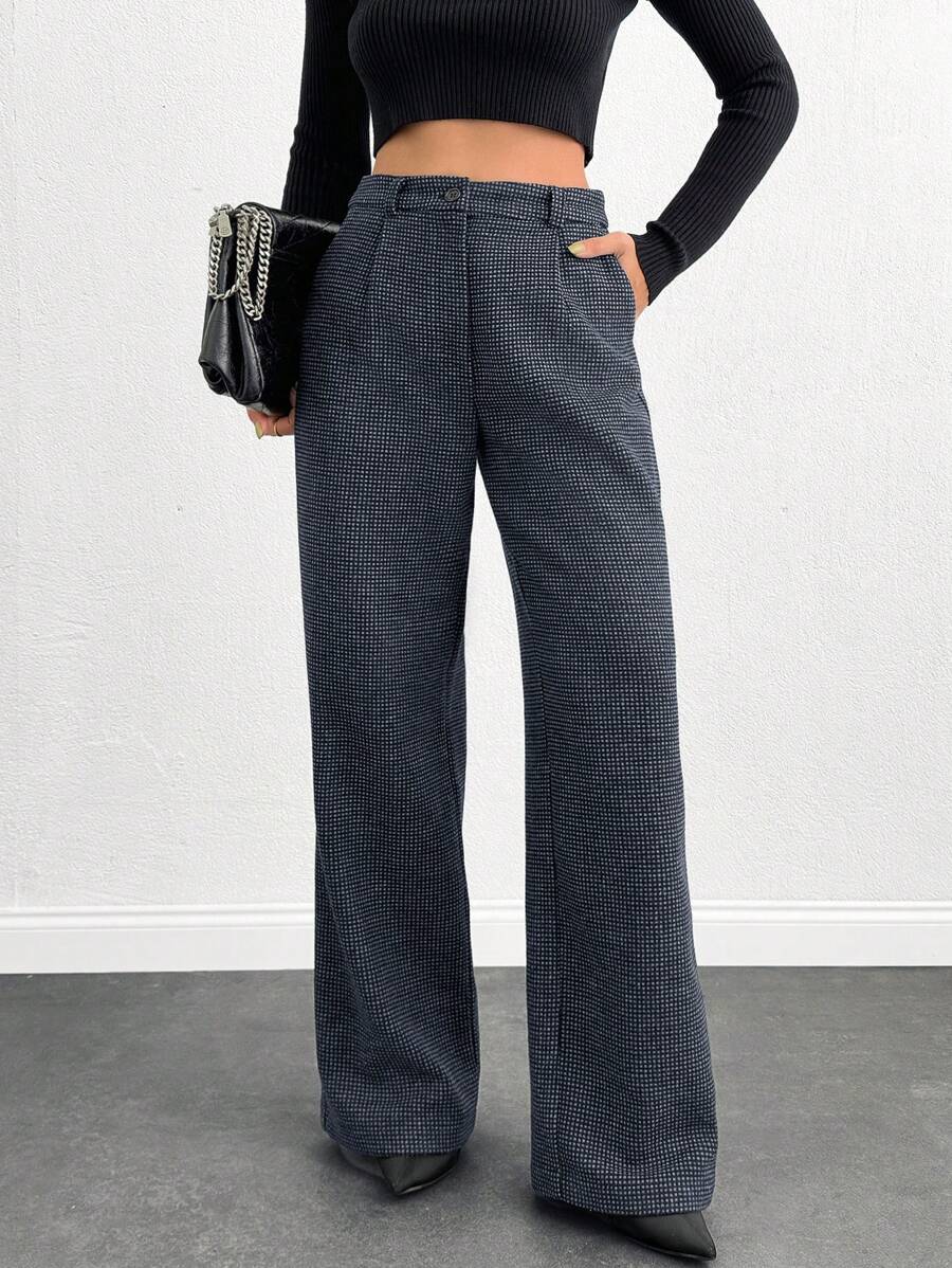 EURMUSE Women Wool Effect Check Pattern Wide Leg Pants - Black - View 1