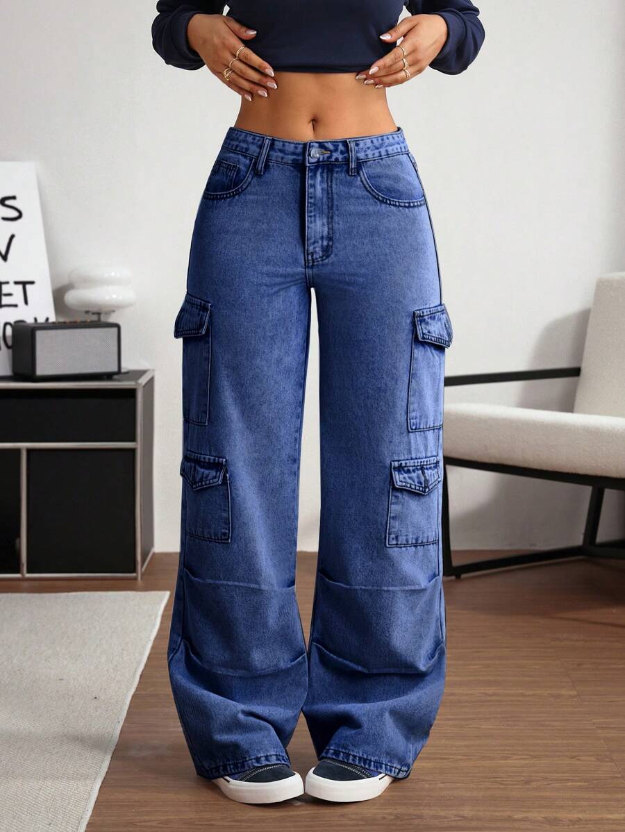 SHEIN Tall Women's Simple Front Button Pocket Jeans, Casual Everyday Wear