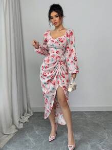 Elenzga Women's Elegant Romantic Floral Lantern Sleeve Cinched Waist Blouson Dress, Suitable For Valentine's Day Fall Cloth For Women