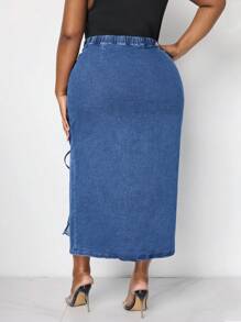 SHEIN Lady Plus Size Women's Denim Skirt Sexy Skinny Pleated Midi Skirt Blue Denim Skirt Long Women Skirts Sexy Blue Dress Women Skirts Thanksgiving Women Outfit Sexy Women Outfits