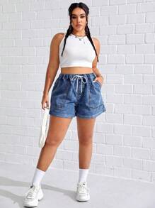 SHEIN EZwear Quần short denim cạp rút giặt thường ngày cỡ lớn - Rửa tối - Xem 4