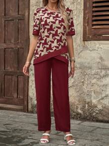 EMERY ROSE Women's Summer Geometric Pattern Shirt And Straight-Leg Pants Set - Red - View 5