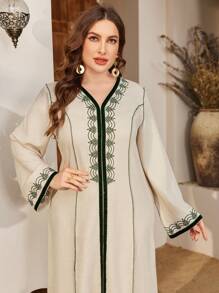 Al Najma 大码女式仿亚麻刺绣土耳其长款束腰外衣，带撞色刺绣 - 薄荷綠 - 查看 6