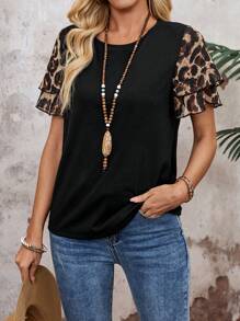EMERY ROSE Summer Tops Leopard Print/Cheetah Print Patchwork Pleated Sleeve Women's Boho T-Shirt