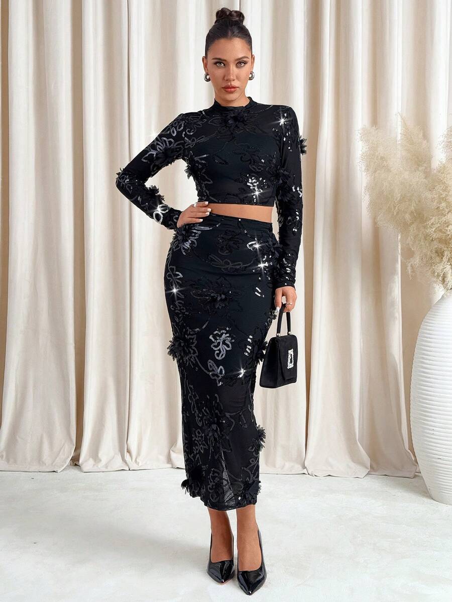 Lavishia Women's Embroidered Mesh Valentine's Day 2pcs Set, Sexy & Elegant Fashion Festival - Black - View 1