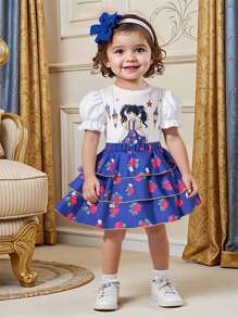 2 件套女婴休闲卡通印花泡泡袖上衣和全身印花花裙套装 - 白色 - 查看 1