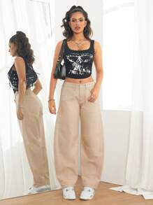 SHEIN PETITE 女式休闲低腰 7/8 长度卡其色香蕉牛仔裤 - 卡其色 - 查看 3