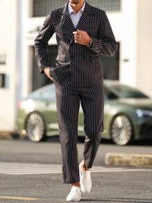 Manfinity Bizformal Conjunto de blazer y pantalón de traje a rayas de doble botonadura para hombre, ideal para negocios/traslados