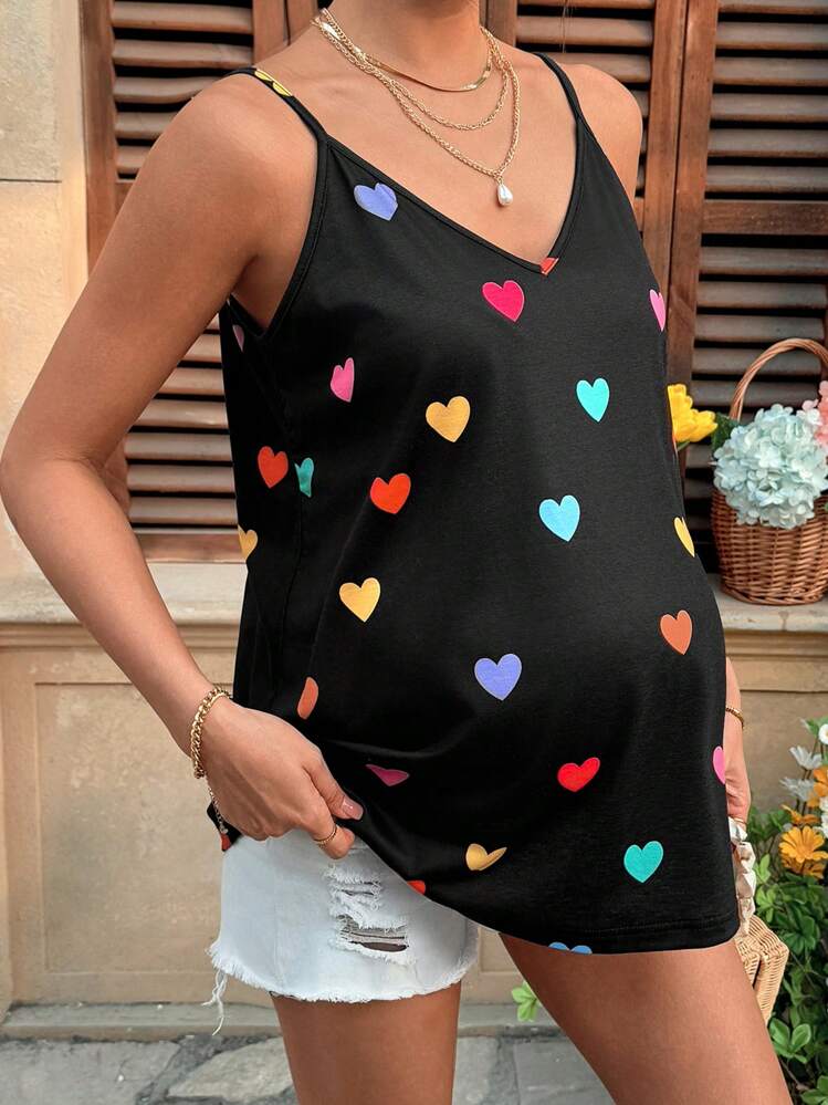 SHEIN 节日简约心形印花 V 领吊带背心，适合夏季孕妇 - 彩色 - 查看 7