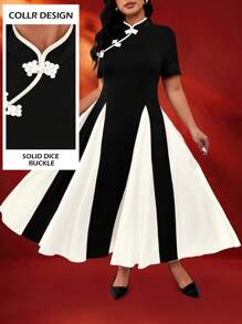 Celure Plus Size Qipao Style Mock Neck Slit Hem Short Sleeve Button Down Flare Dress, For Valentine's Day, Chinese New Year, Holidays