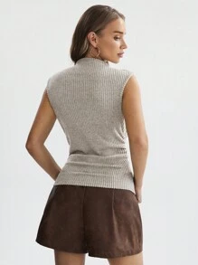 SHEIN LUNE 休闲高领罗纹针织修身无袖上衣