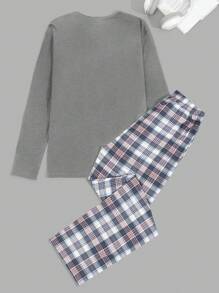 RueChic 男士基本款舒适休闲长袖 T 恤和格子长裤睡衣套装 - 灰色 - 查看 2