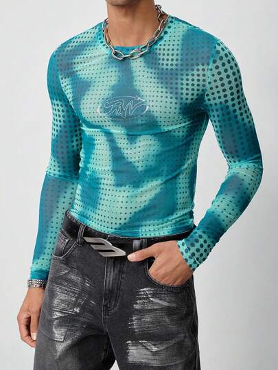 Street Life Camiseta de manga larga cuello redondo casual con compresión y malla para hombres