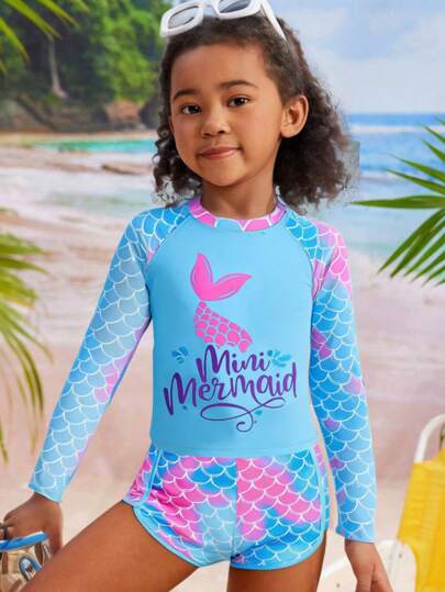 Young Girl Round Neck Long Sleeve Printed Simple Top And Bottoms Swimwear Set
