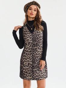 SHEIN LUNE 秋冬新款豹纹吊带休闲街头机场风女士短裙豹纹连衣裙豹纹连衣裙套头连衣裙工装裤 - 棕色 - 查看 2